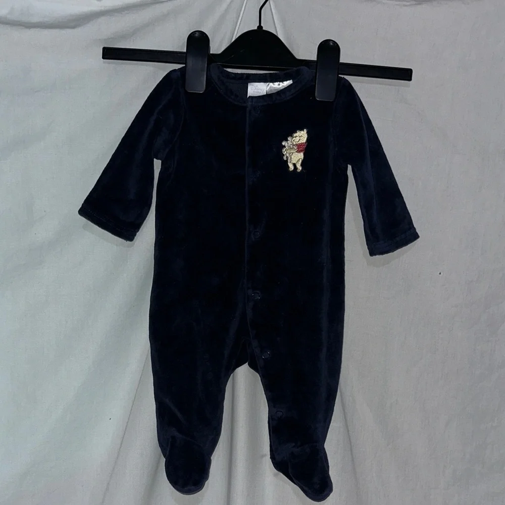 blue velvet Disney Baby Winnie the Pooh embroidered button up one piece 0/3m